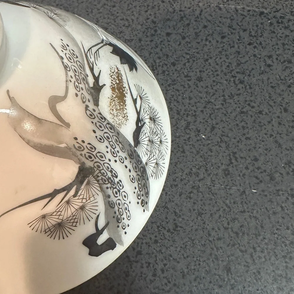 Vintage Porcelain Japanese Rice Bowl Red Crowned Crane Design 4.5 Inch Round